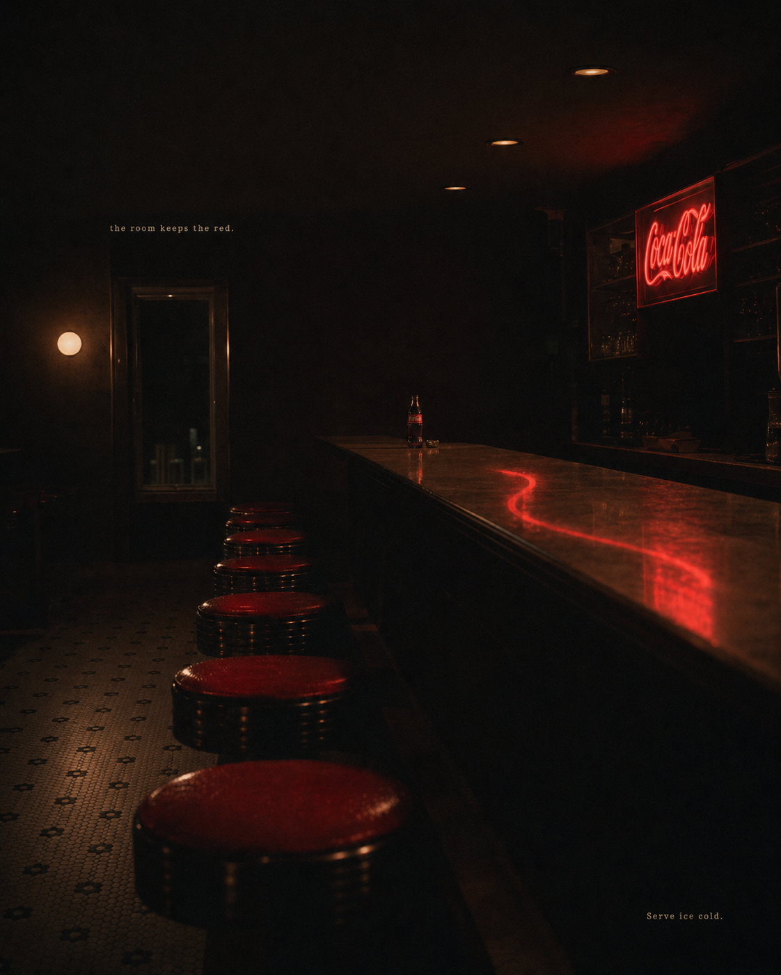 The empty bar interior — Coca-Cola neon, a row of red stools, one bottle on the counter